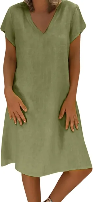 Oversize Women's Cotton Linen Midi Dresses Summer Solid Color Short Sleeve V-Neck Shirt Dresses Plus Size Beach Dress