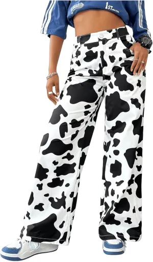 OYOANGLE Women's Graphic Print High Waist Wide Leg Trousers Y2K Streetwear Long Pants with Pocket