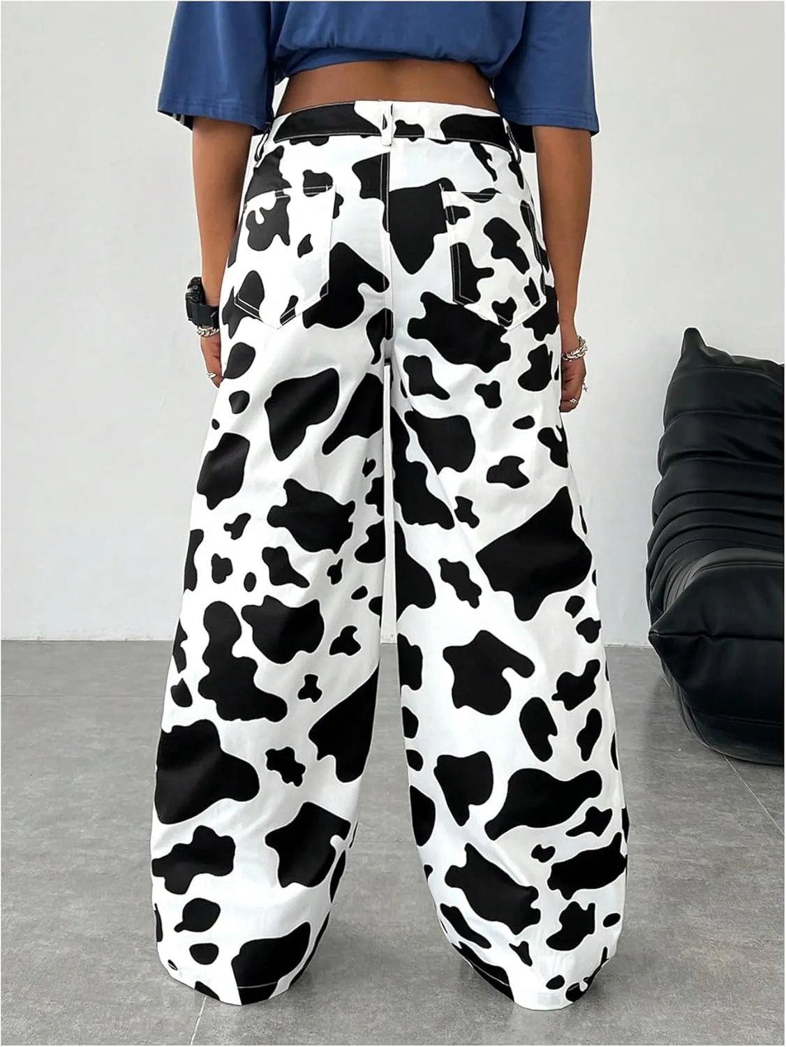 OYOANGLE Women's Graphic Print High Waist Wide Leg Trousers Y2K Streetwear Long Pants with Pocket
