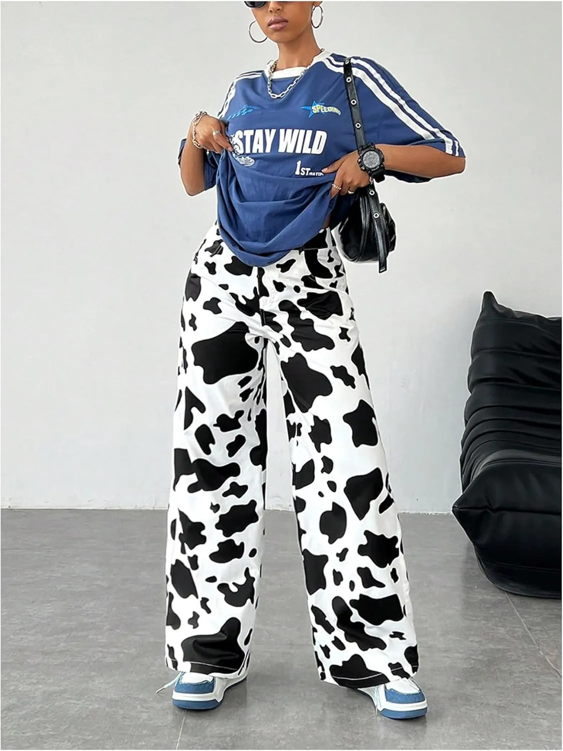 OYOANGLE Women's Graphic Print High Waist Wide Leg Trousers Y2K Streetwear Long Pants with Pocket