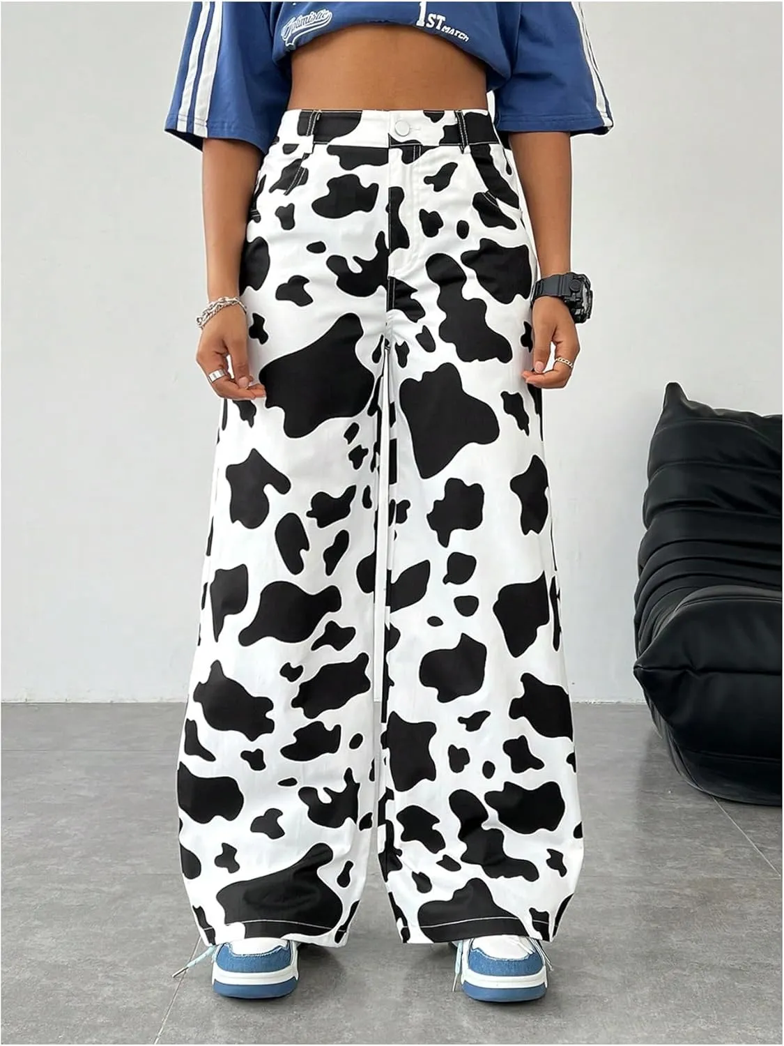OYOANGLE Women's Graphic Print High Waist Wide Leg Trousers Y2K Streetwear Long Pants with Pocket