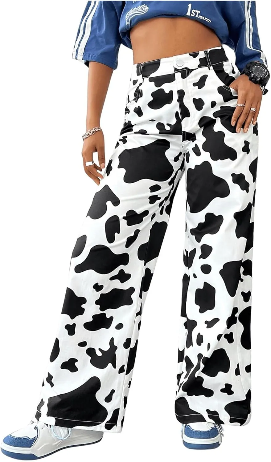 OYOANGLE Women's Graphic Print High Waist Wide Leg Trousers Y2K Streetwear Long Pants with Pocket