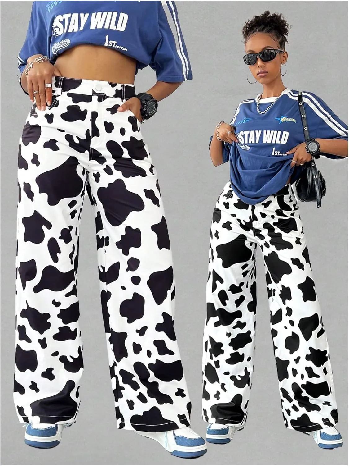 OYOANGLE Women's Graphic Print High Waist Wide Leg Trousers Y2K Streetwear Long Pants with Pocket