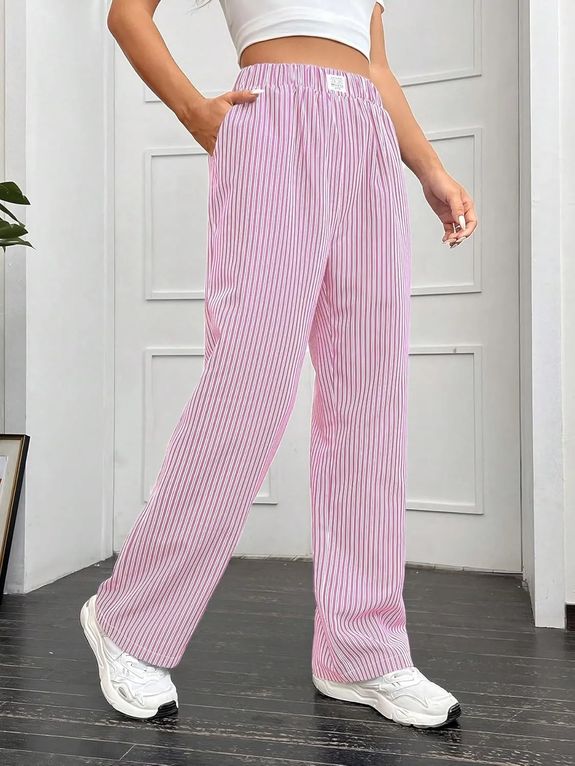 OYOANGLE Women's Straight Wide Leg Trousers Striped Print Letter Patched Detail High Waist Y2K Fashion Pants