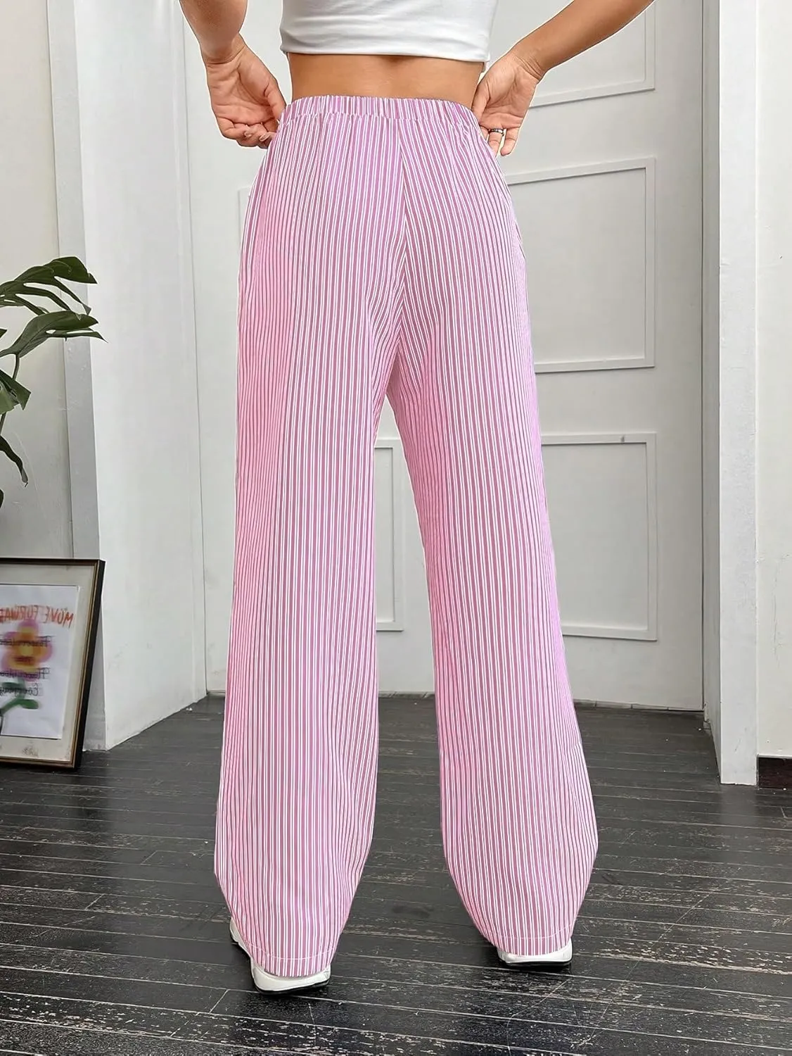 OYOANGLE Women's Straight Wide Leg Trousers Striped Print Letter Patched Detail High Waist Y2K Fashion Pants