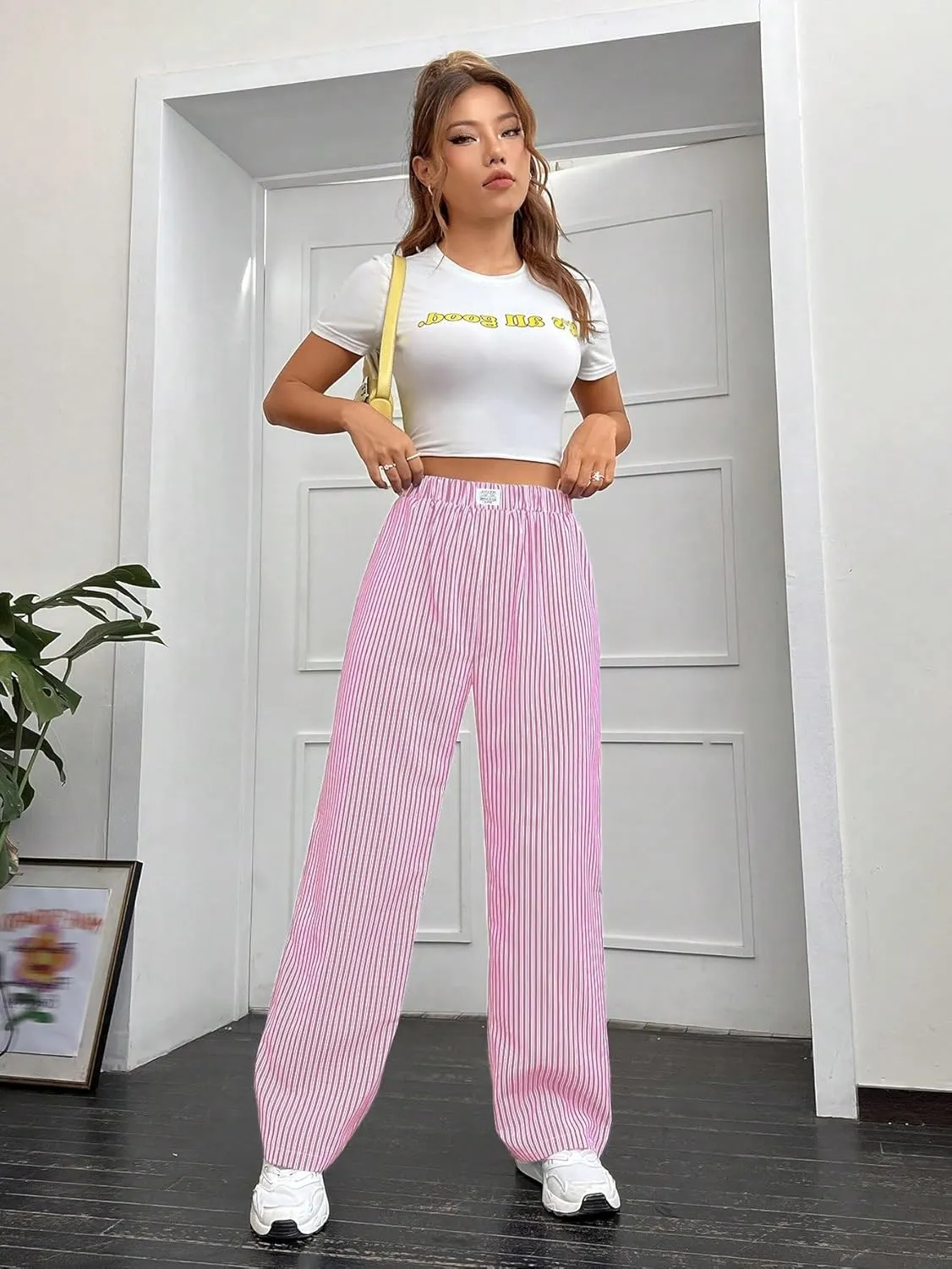 OYOANGLE Women's Straight Wide Leg Trousers Striped Print Letter Patched Detail High Waist Y2K Fashion Pants