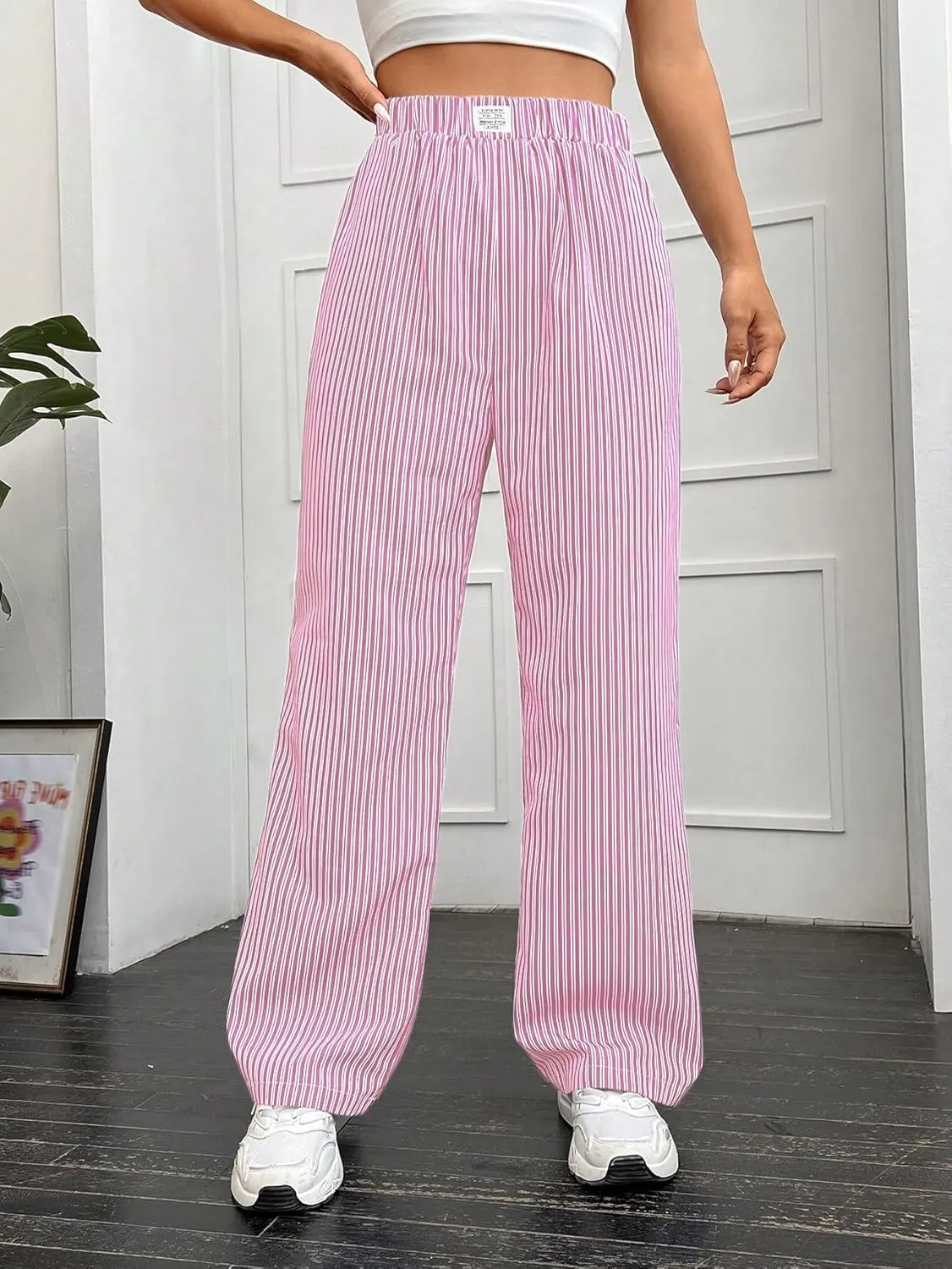 OYOANGLE Women's Straight Wide Leg Trousers Striped Print Letter Patched Detail High Waist Y2K Fashion Pants