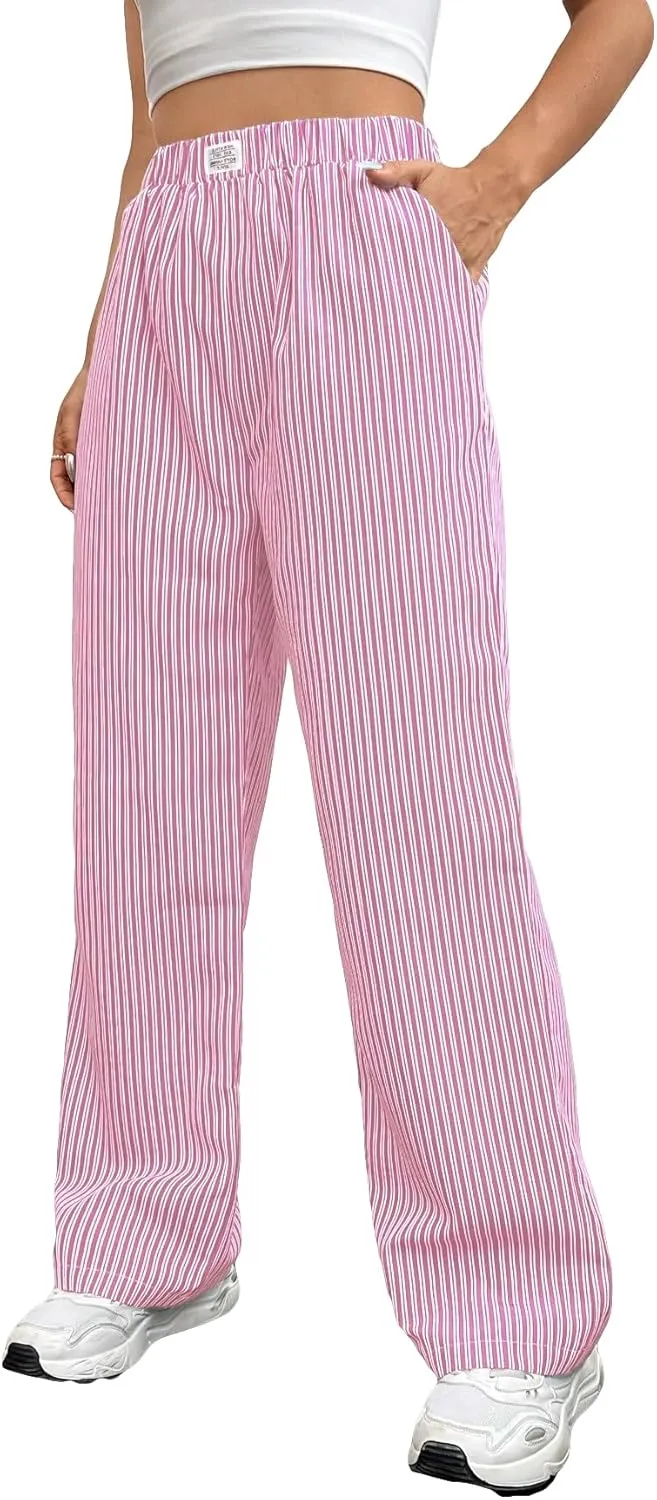 OYOANGLE Women's Straight Wide Leg Trousers Striped Print Letter Patched Detail High Waist Y2K Fashion Pants