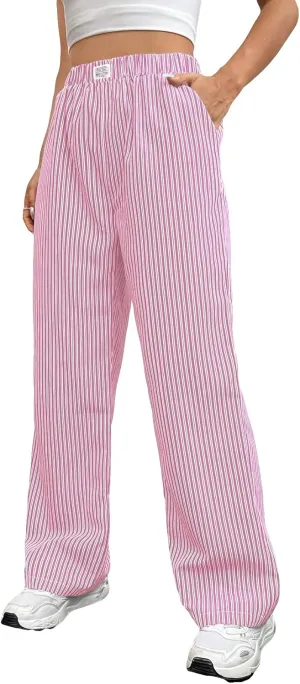 OYOANGLE Women's Straight Wide Leg Trousers Striped Print Letter Patched Detail High Waist Y2K Fashion Pants