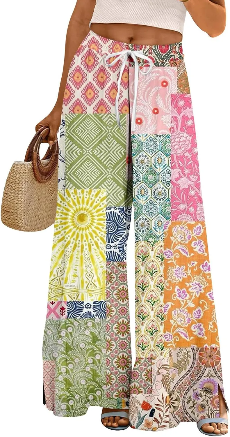 Palazzo Pants for Women Casual Boho Wide Leg Elastic High Waist Adjustable Knot Flowy Pants with Pockets