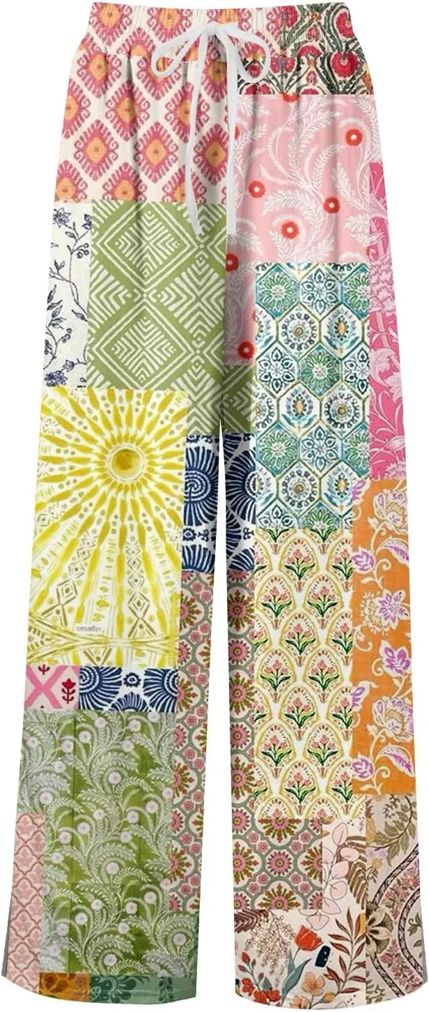 Palazzo Pants for Women Casual Boho Wide Leg Elastic High Waist Adjustable Knot Flowy Pants with Pockets