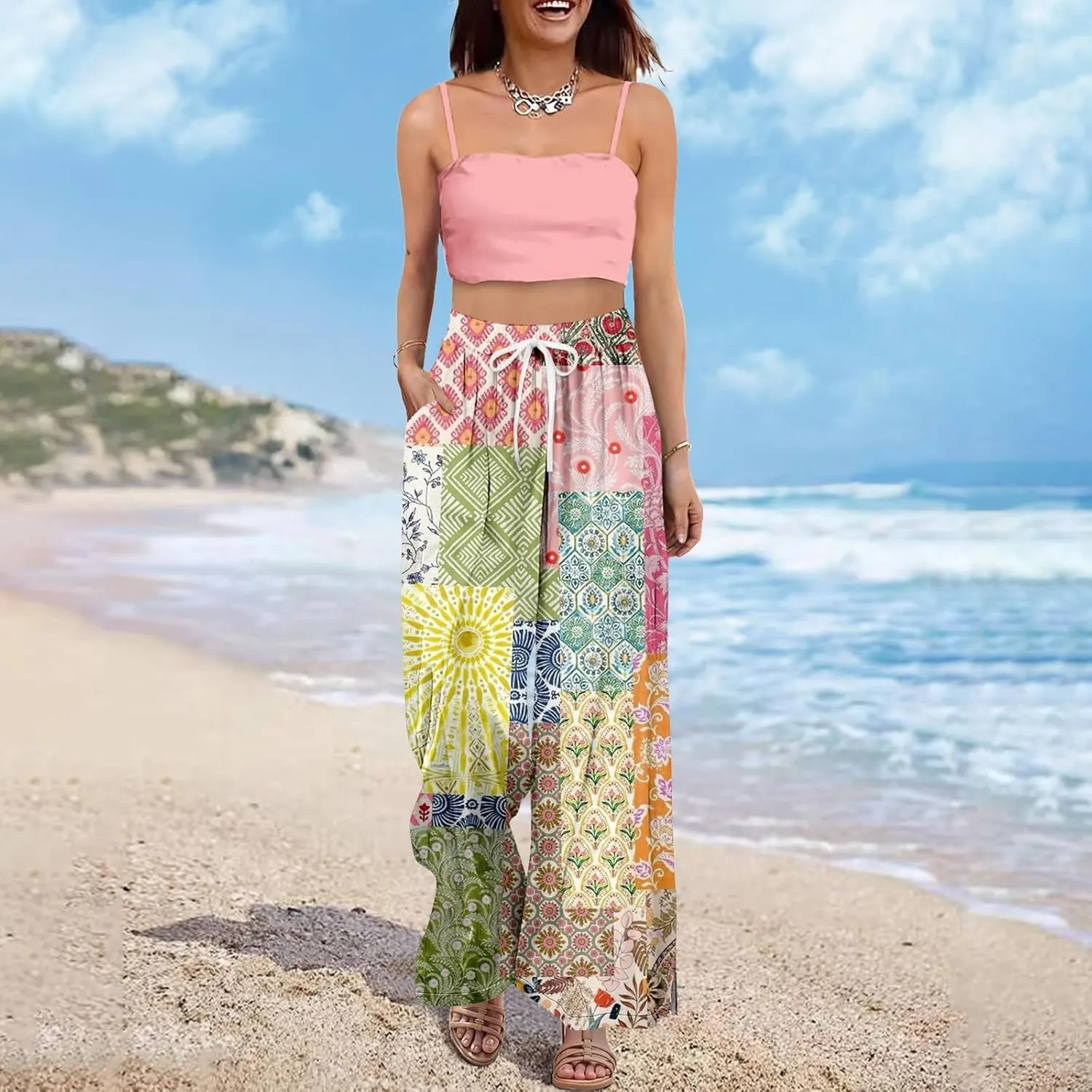 Palazzo Pants for Women Casual Boho Wide Leg Elastic High Waist Adjustable Knot Flowy Pants with Pockets