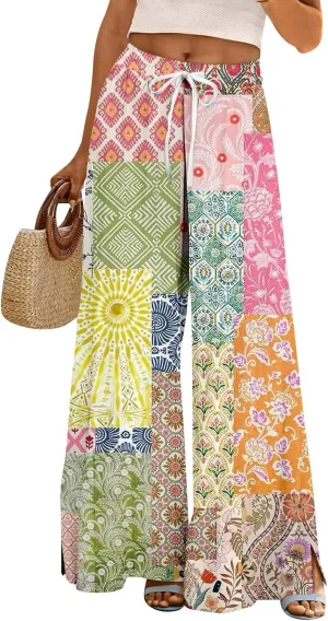 Palazzo Pants for Women Casual Boho Wide Leg Elastic High Waist Adjustable Knot Flowy Pants with Pockets
