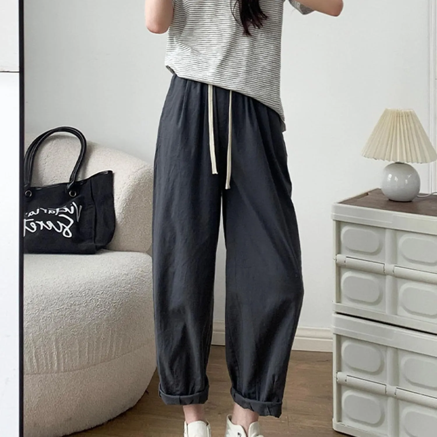 Palazzo Pants for Women Summer Cotton Linen Pants Flowy High Waisted Pant Wide Leg Elastic High Waisted Lounge Trouser