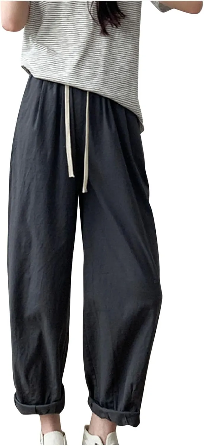 Palazzo Pants for Women Summer Cotton Linen Pants Flowy High Waisted Pant Wide Leg Elastic High Waisted Lounge Trouser