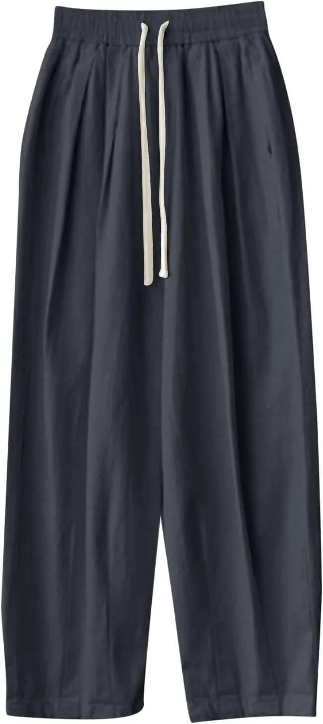 Palazzo Pants for Women Summer Cotton Linen Pants Flowy High Waisted Pant Wide Leg Elastic High Waisted Lounge Trouser