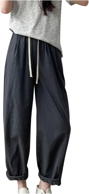Palazzo Pants for Women Summer Cotton Linen Pants Flowy High Waisted Pant Wide Leg Elastic High Waisted Lounge Trouser