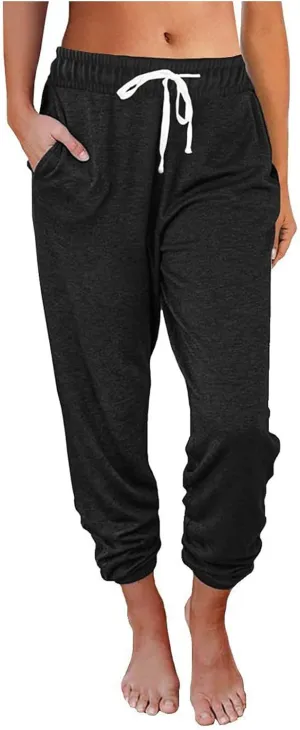 Pants for Women Dressy Casual 2023 Summer Drawstring Elastic Waist Solid Straight Leg Sweatpants Trouser Cropped