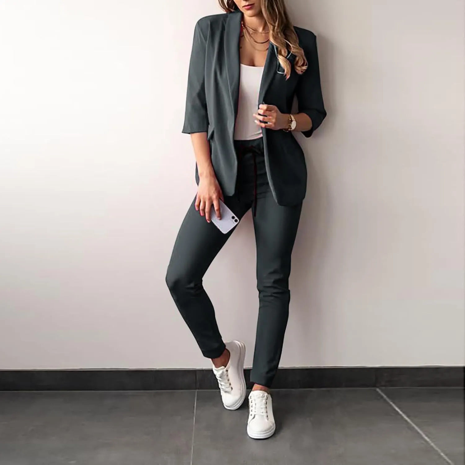 Pants Suits for Women Dressy Business Casual Outfits Work 3/4 Sleeve Blazer Sets and Pencil Pants 2 Piece Office Suit Set