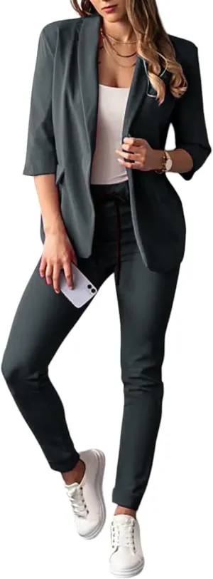 Pants Suits for Women Dressy Business Casual Outfits Work 3/4 Sleeve Blazer Sets and Pencil Pants 2 Piece Office Suit Set
