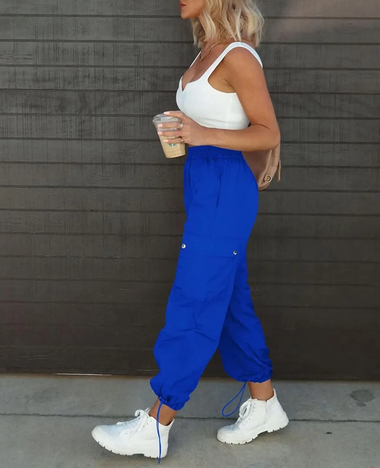 Parachute Pants for Women, Elastic High Waist Y2k Cargo Pants Women Baggy with 4 Pockets