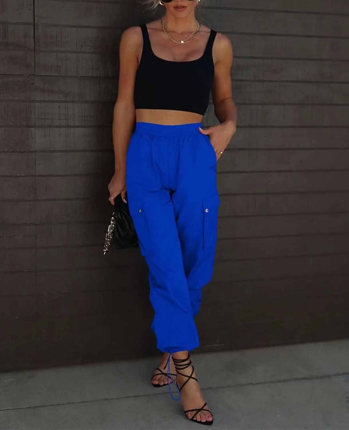 Parachute Pants for Women, Elastic High Waist Y2k Cargo Pants Women Baggy with 4 Pockets
