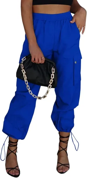 Parachute Pants for Women, Elastic High Waist Y2k Cargo Pants Women Baggy with 4 Pockets