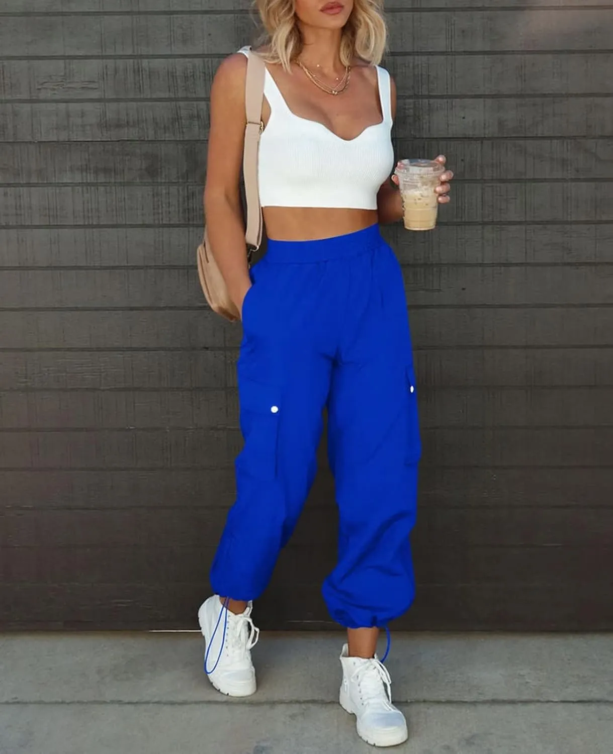 Parachute Pants for Women, Elastic High Waist Y2k Cargo Pants Women Baggy with 4 Pockets