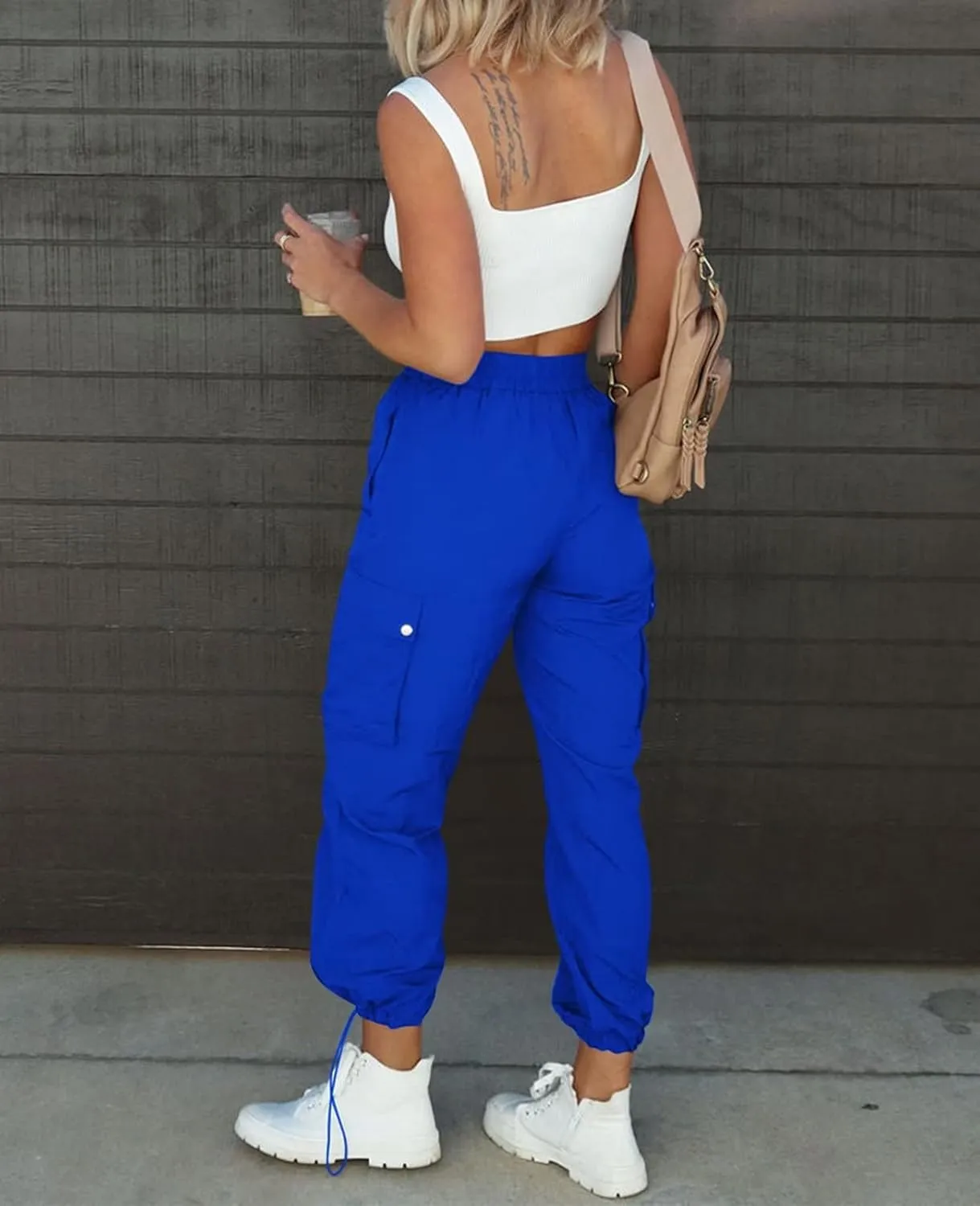 Parachute Pants for Women, Elastic High Waist Y2k Cargo Pants Women Baggy with 4 Pockets