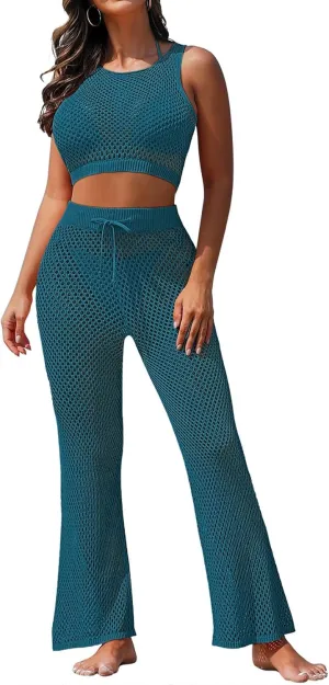 Pink Queen Women's Swimsuit Cover Up Set 2 Pieces Crochet Sleeveless Crop Top Wide Leg Long Pants Beach Coverups