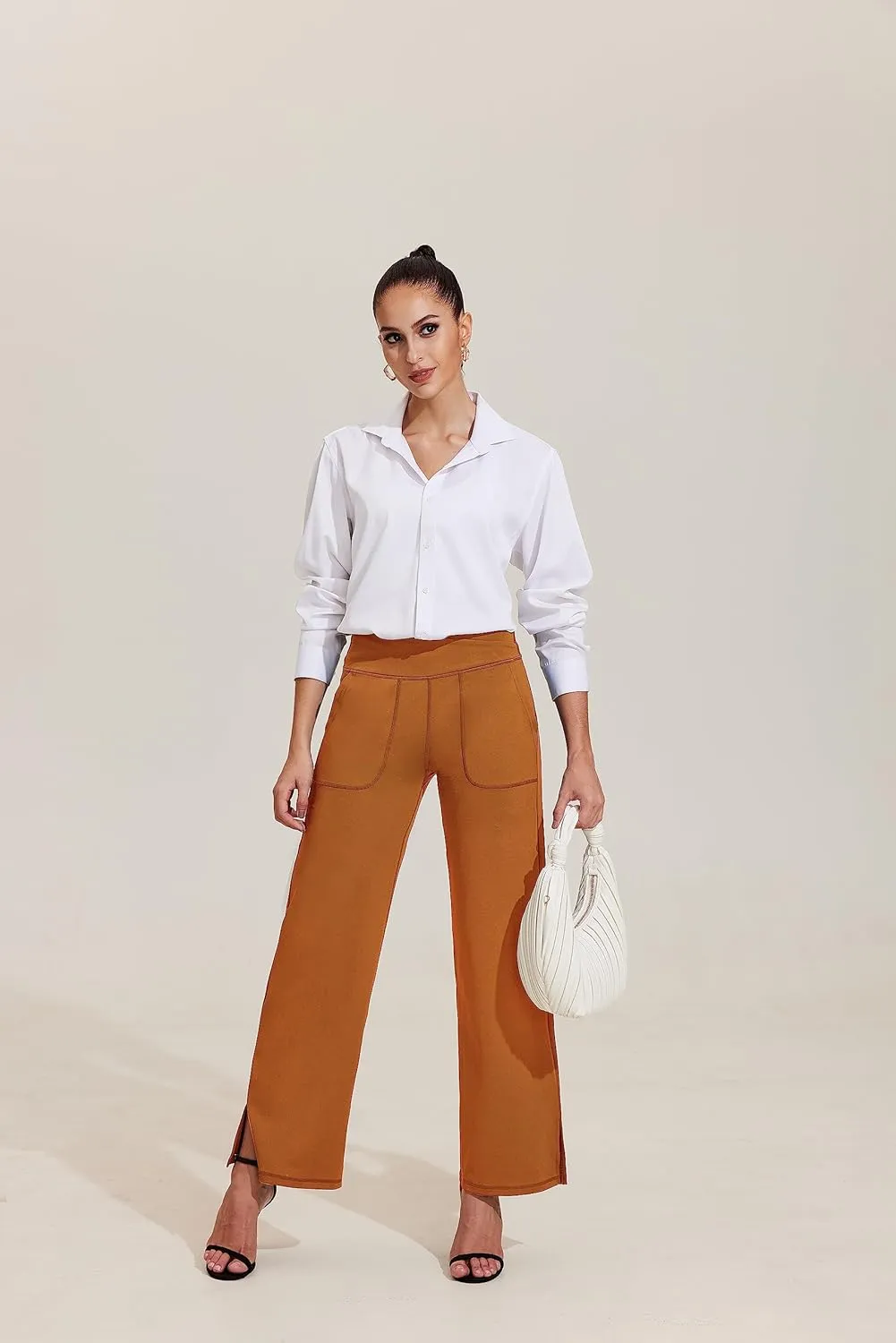 Pinspark Women's Cross High Waist High Stretch Wide Leg Pants with 2 Pockets