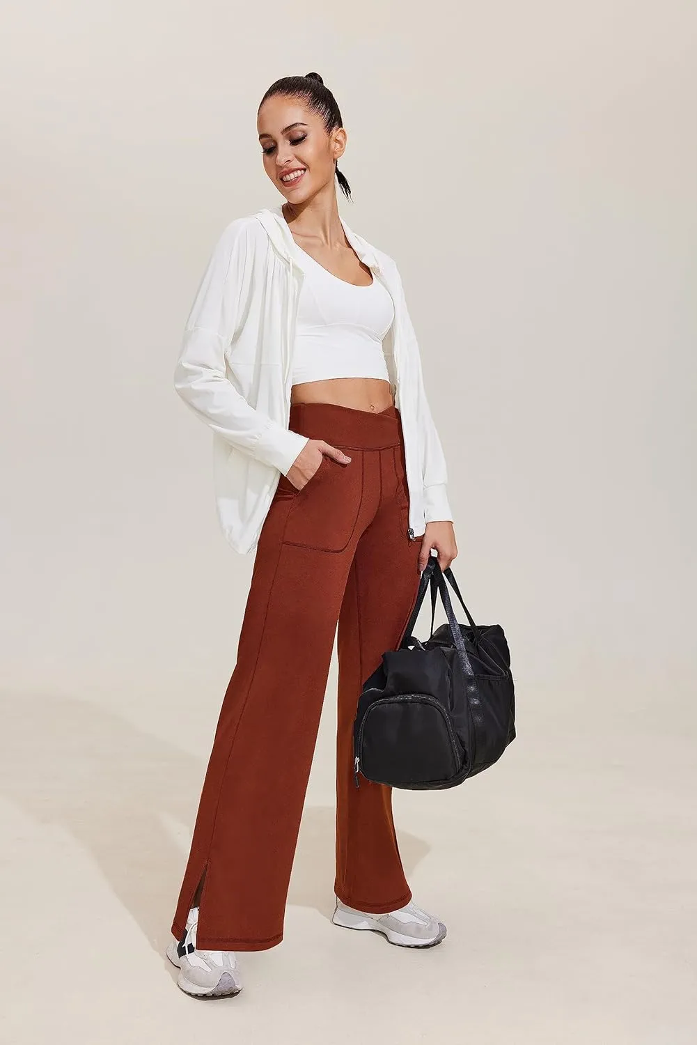 Pinspark Women's Cross High Waist High Stretch Wide Leg Pants with 2 Pockets
