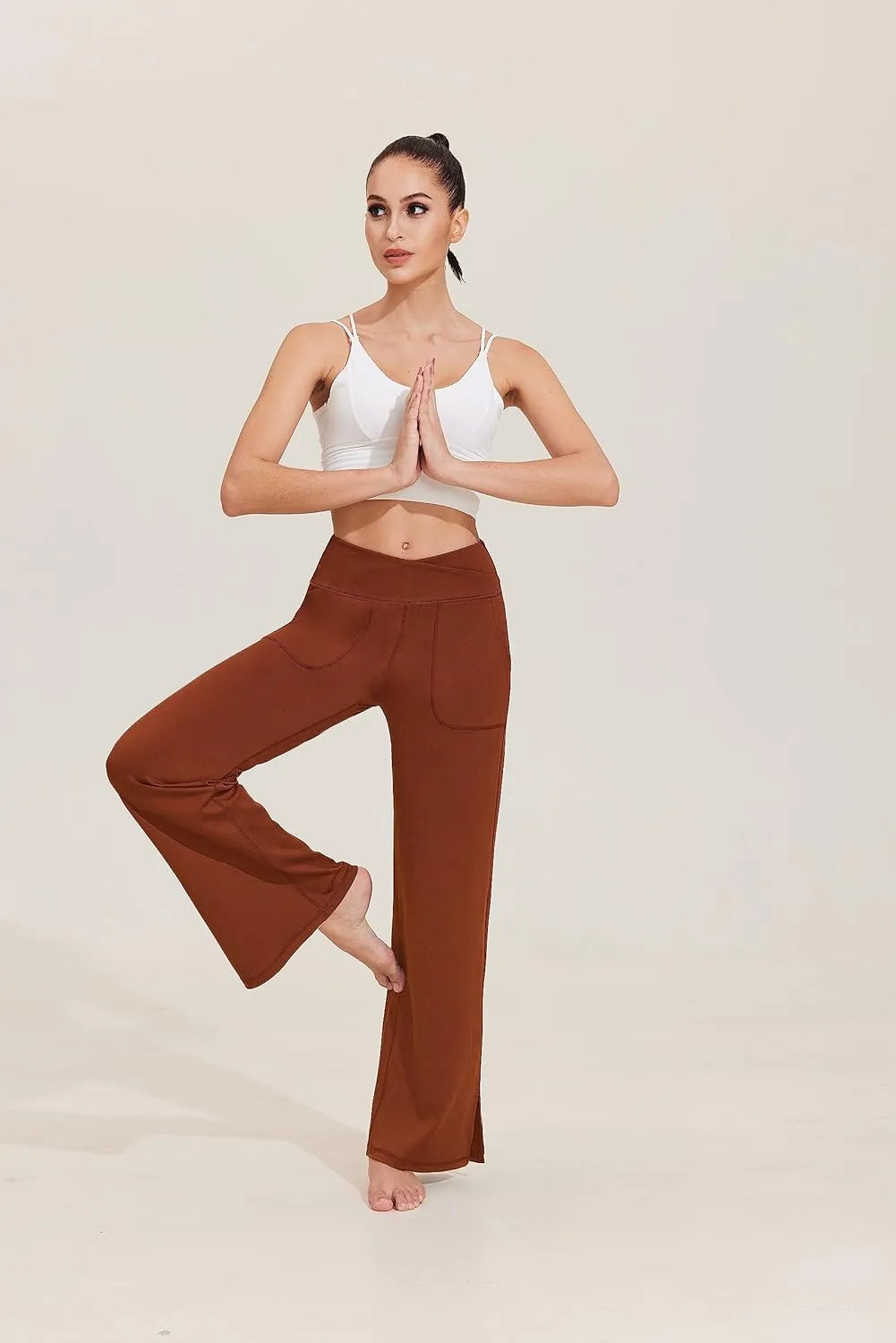 Pinspark Women's Cross High Waist High Stretch Wide Leg Pants with 2 Pockets