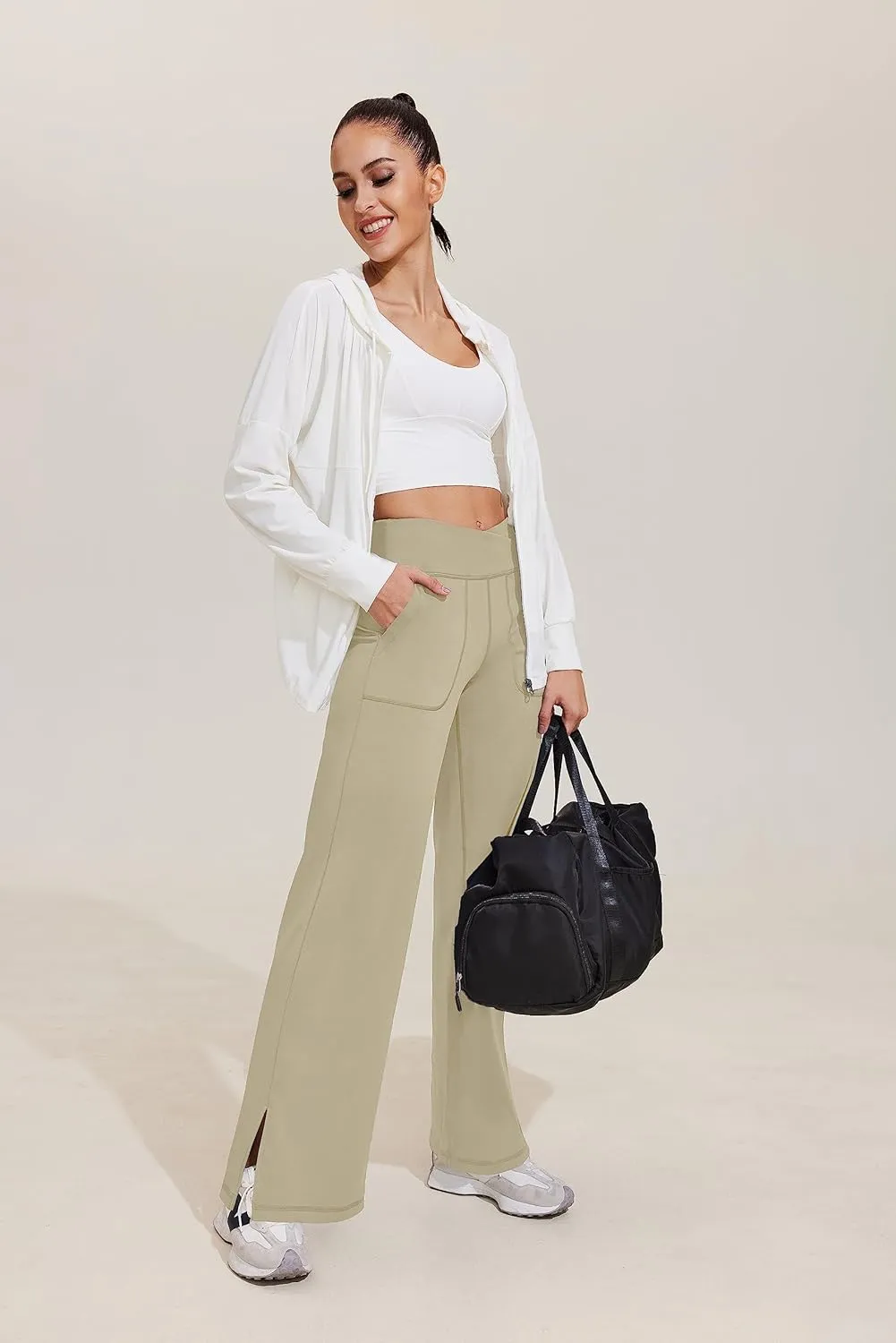 Pinspark Women's Cross High Waist High Stretch Wide Leg Pants with 2 Pockets