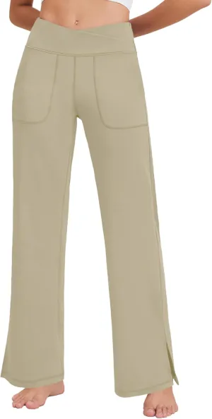 Pinspark Women's Cross High Waist High Stretch Wide Leg Pants with 2 Pockets