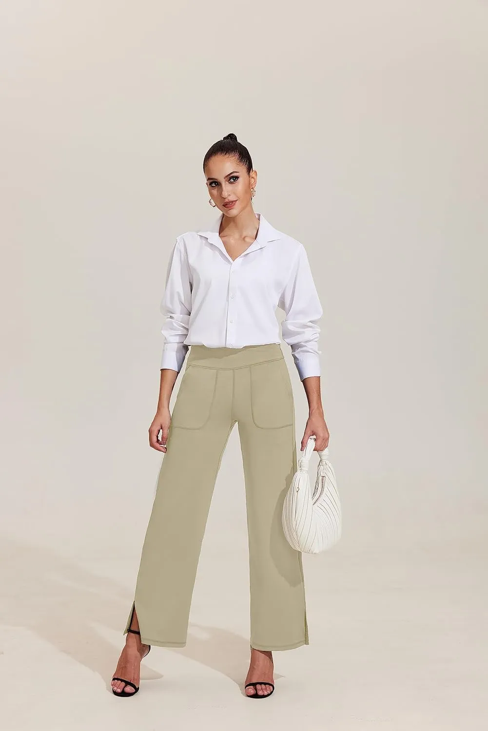 Pinspark Women's Cross High Waist High Stretch Wide Leg Pants with 2 Pockets