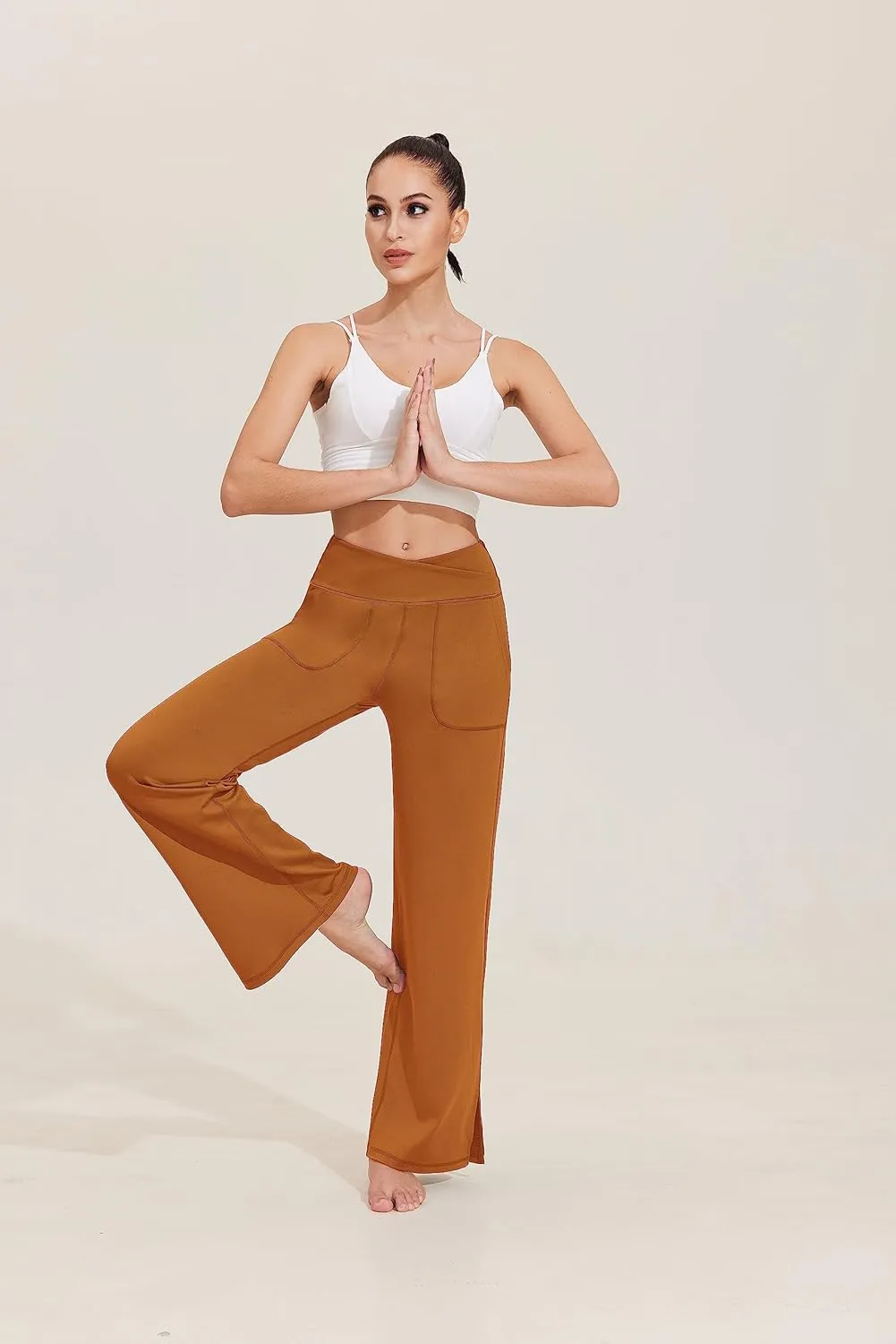 Pinspark Women's Cross High Waist High Stretch Wide Leg Pants with 2 Pockets