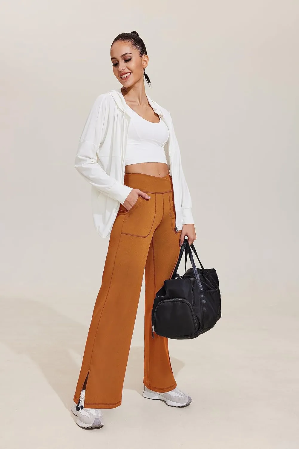 Pinspark Women's Cross High Waist High Stretch Wide Leg Pants with 2 Pockets