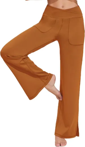 Pinspark Women's Cross High Waist High Stretch Wide Leg Pants with 2 Pockets