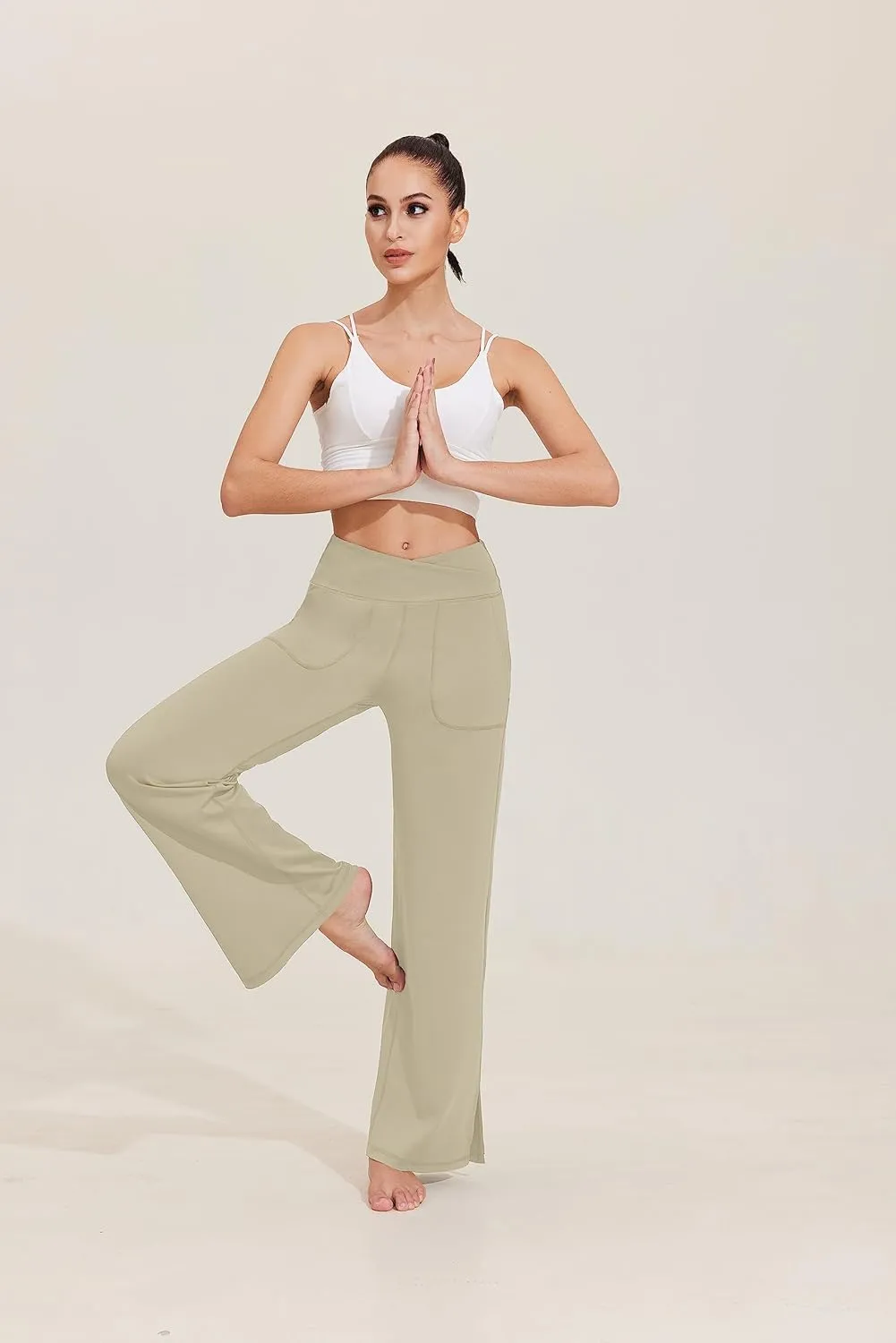 Pinspark Women's Cross High Waist High Stretch Wide Leg Pants with 2 Pockets