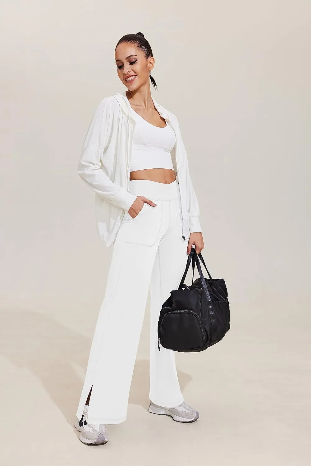 Pinspark Women's Cross High Waist High Stretch Wide Leg Pants with 2 Pockets
