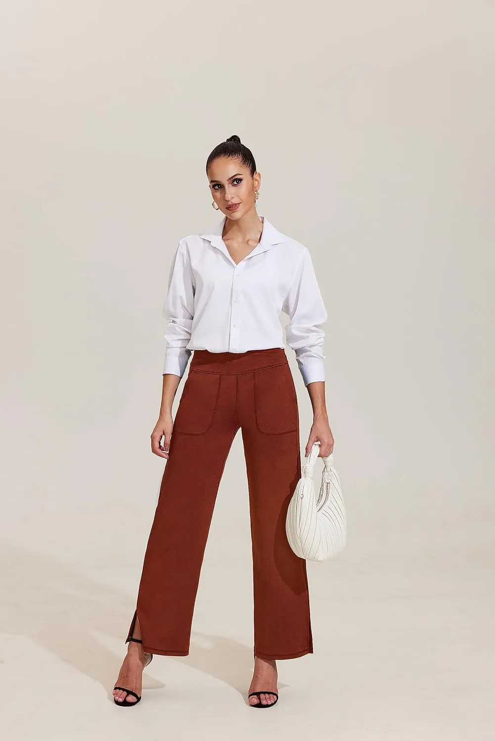 Pinspark Women's Cross High Waist High Stretch Wide Leg Pants with 2 Pockets