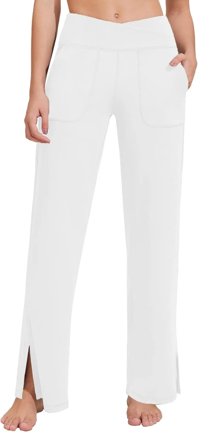 Pinspark Women's Cross High Waist High Stretch Wide Leg Pants with 2 Pockets