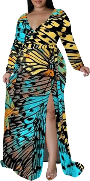 Plus Size Formal Maxi Dress for Women Sexy Long Sleeve Deep V Neck Side Split Cocktail Party Casual Dress with Belt