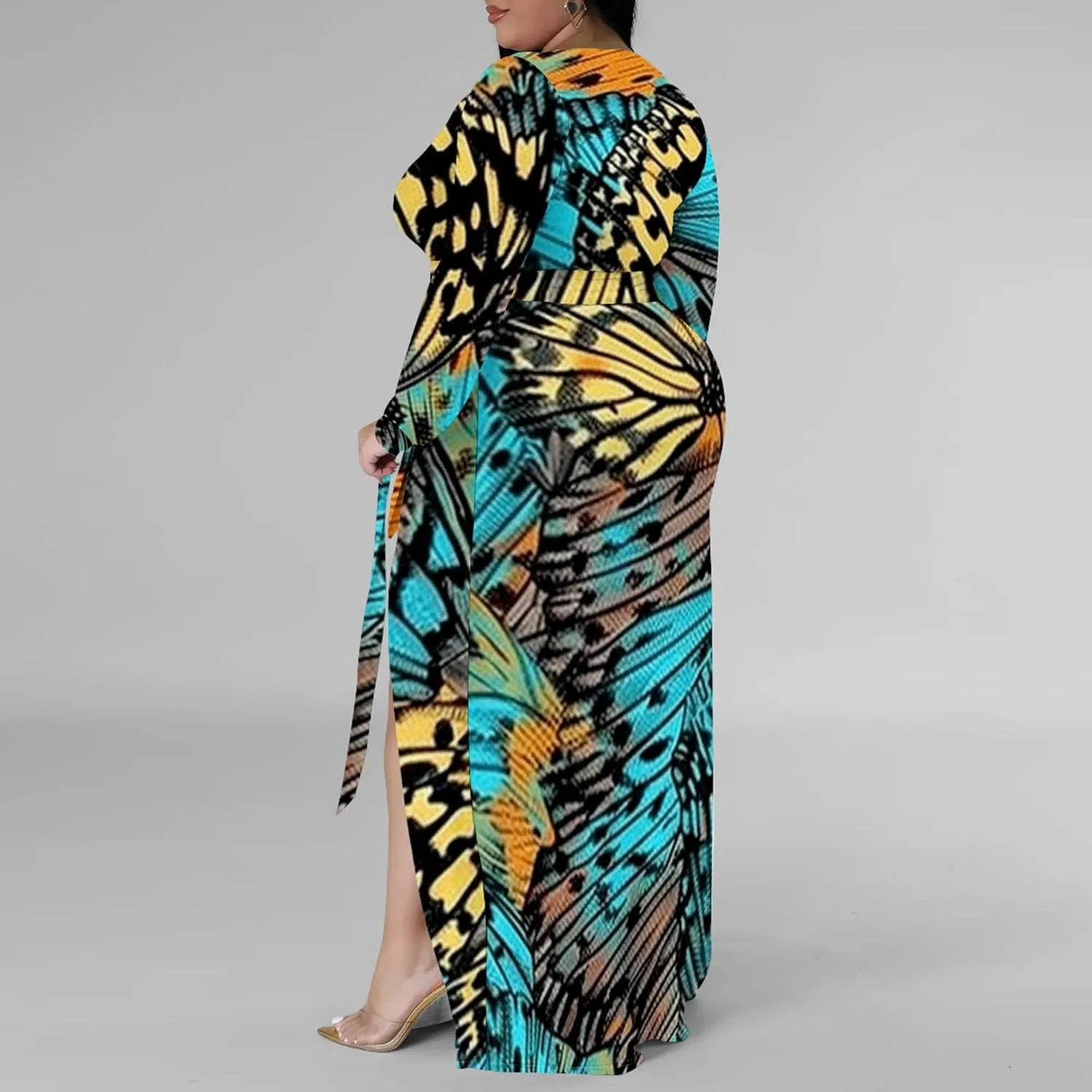 Plus Size Formal Maxi Dress for Women Sexy Long Sleeve Deep V Neck Side Split Cocktail Party Casual Dress with Belt