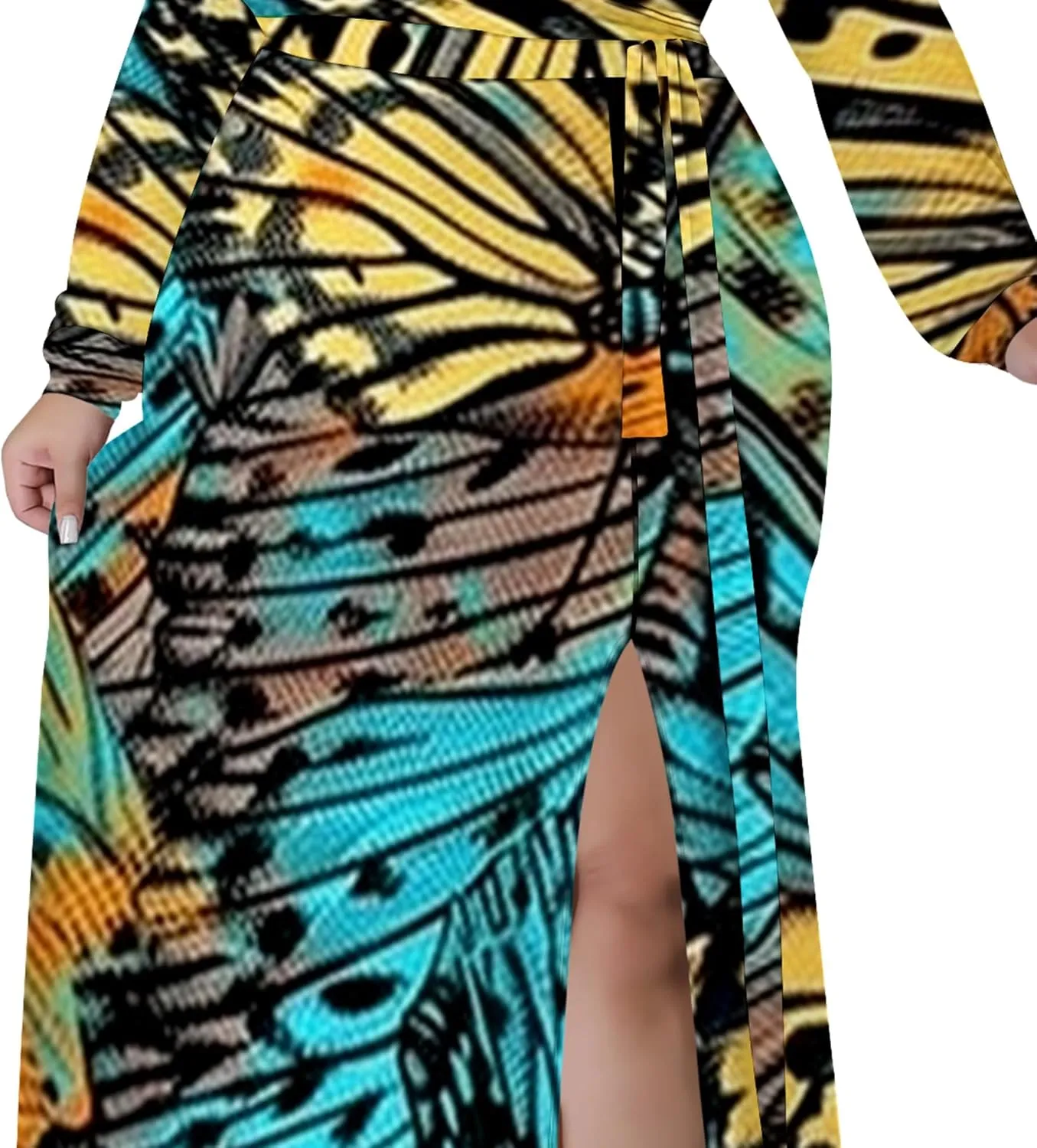 Plus Size Formal Maxi Dress for Women Sexy Long Sleeve Deep V Neck Side Split Cocktail Party Casual Dress with Belt