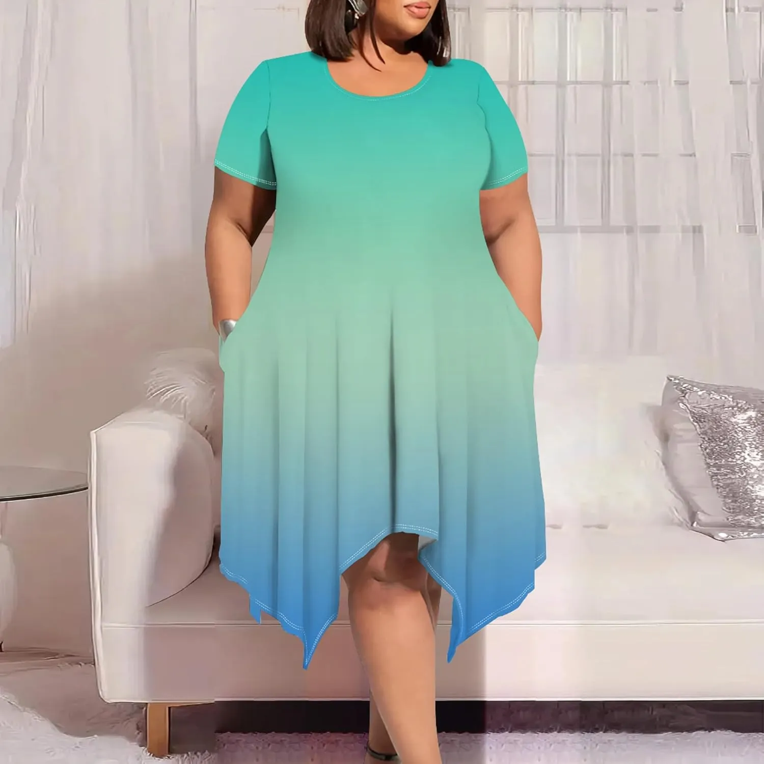 Plus Size Women Casual Loose Crewneck Short Sleeve Swing Midi Tunic Dresses Solid Color T-Shirt Dress with Pockets