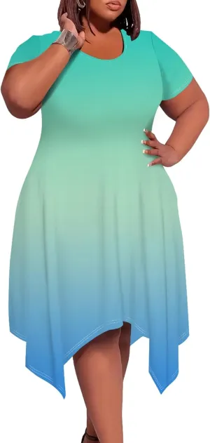 Plus Size Women Casual Loose Crewneck Short Sleeve Swing Midi Tunic Dresses Solid Color T-Shirt Dress with Pockets