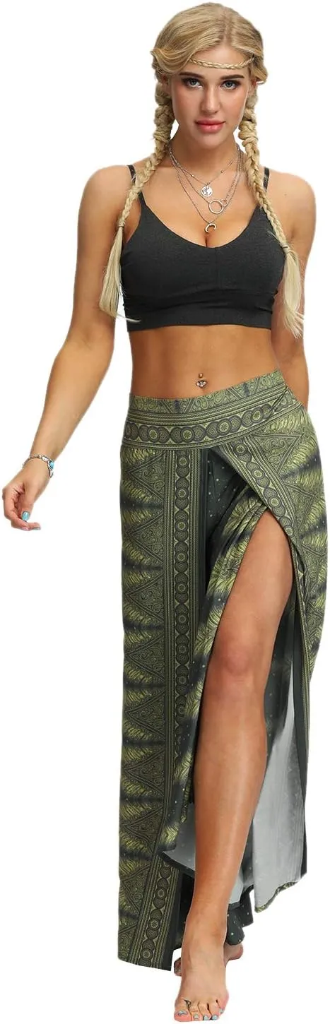 Plustrong Womens Slit Wide Leg Pants Casual Hippie Beach Boho Pilate Flowy Palazzo Yoga Pants