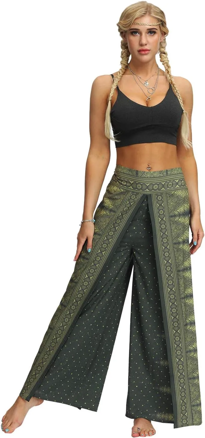 Plustrong Womens Slit Wide Leg Pants Casual Hippie Beach Boho Pilate Flowy Palazzo Yoga Pants